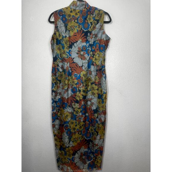 Vintage Unbranded Midi Dress Blue Yellow Floral Side Zip Sleeveless Sz M - Picture 2 of 3